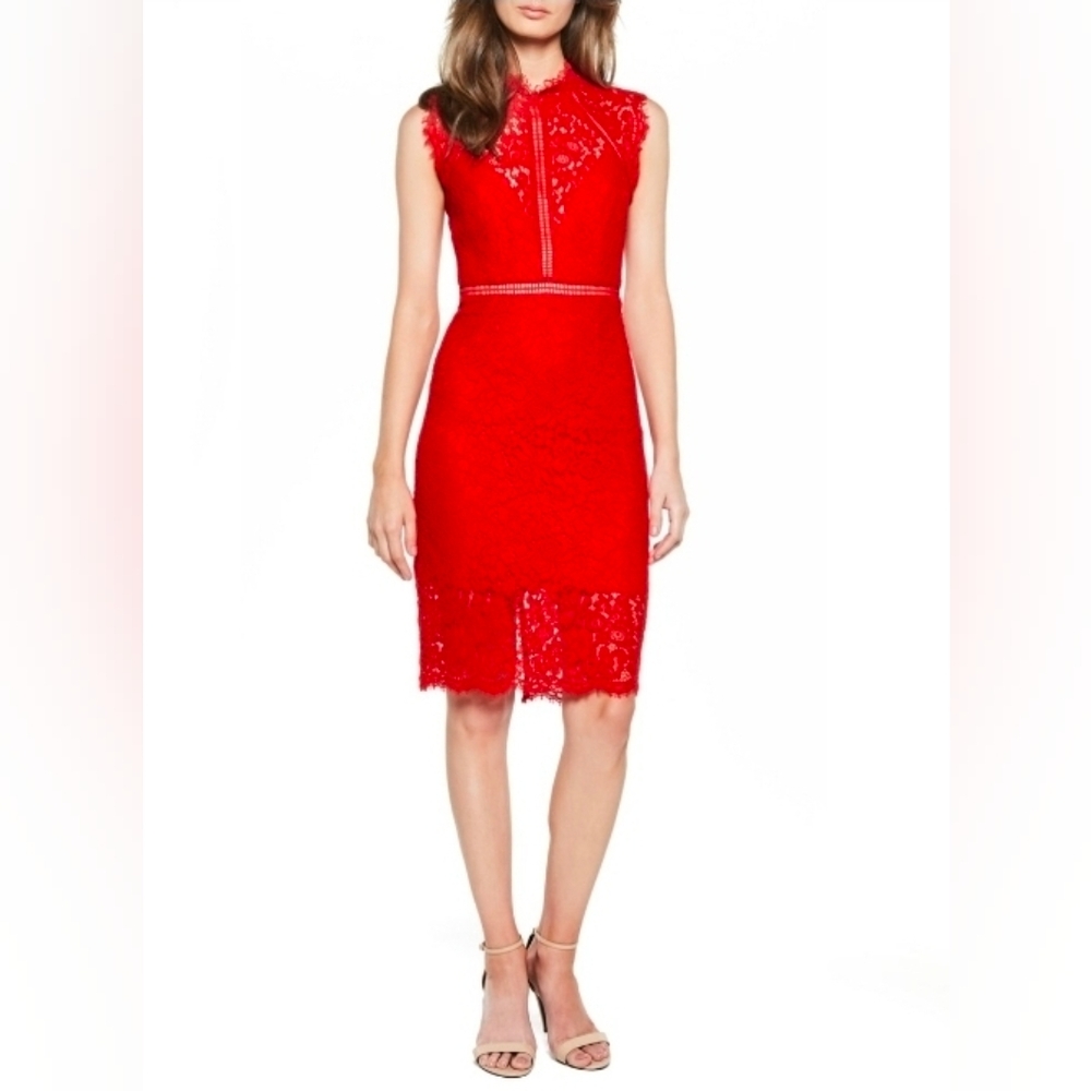 Bardot Red Lace Midi Sheath Dress
